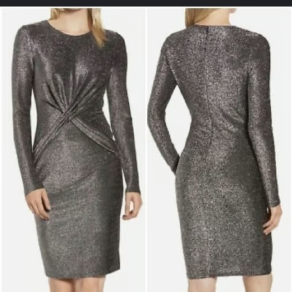 Michael Kors Long-sleeve Twist Waist Metallic Dress Size Small - Picture 3 of 5